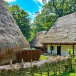 View of traditional romanian peasant houses in Transylvania, Romania.